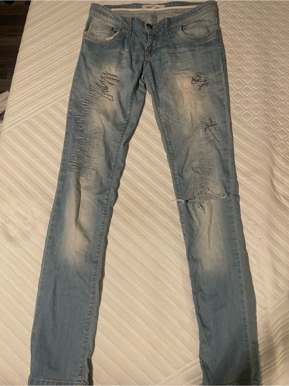 Yves Saint Laurent OG Chains Light Wash Distressed Skinny Jeans — Blue